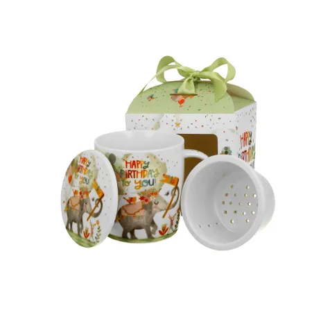 Porcelanowy kubek z napisem Happy Birthday, metalowym zaparzaczem i pokrywką w eleganckim pudełku prezentowym z kokardą