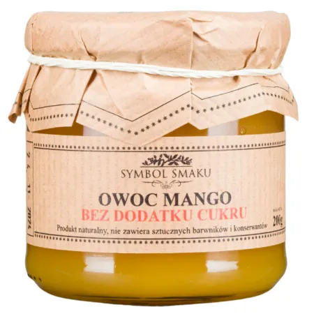 Słoik 200g z owocami mango bez dodatku cukru, żółta etykieta – dorotea.pl.