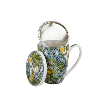 Porcelanowy kubek SOLEDAD z metalowym sitkiem i dopasowaną pokrywką w eleganckie wzory – sklep dorotea.pl