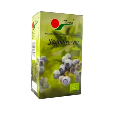 Ciemne owoce jagody czernicy zmieszane z kawałkami jabłek i płatkami hibiskusa w ekologicznej mieszance herbacianej – do
