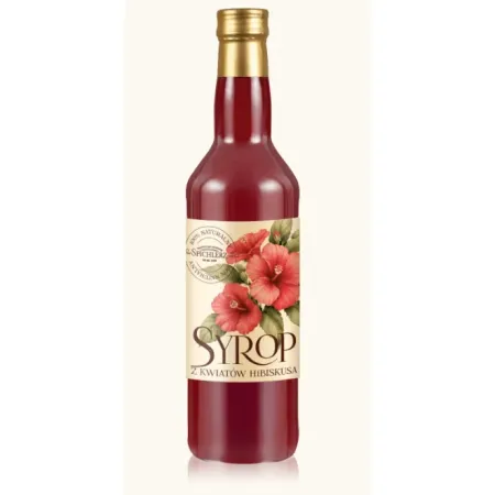 Syrop hibiskusowy Symbol Smaku o głębokim, rubinowym kolorze, butelka 250ml o naturalnym składzie bez sztucznych barwnik