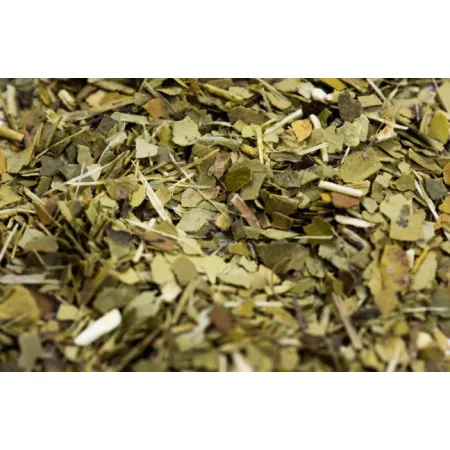 Klasyczna zielona Yerba Mate grubocięta w drewnianym naczyniu matero, widoczne duże kawałki liści ostrokrzewu.