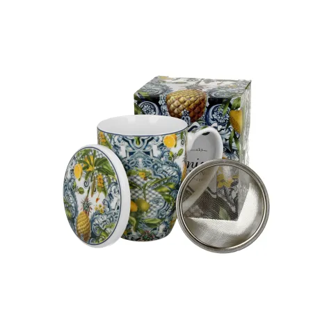 Porcelanowy kubek SOLEDAD z metalowym sitkiem i dopasowaną pokrywką w eleganckie wzory – sklep dorotea.pl