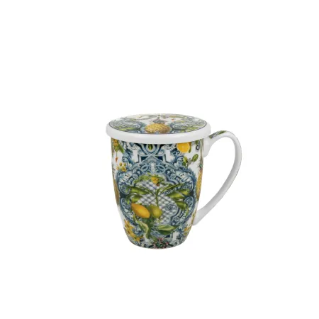 Porcelanowy kubek SOLEDAD z metalowym sitkiem i dopasowaną pokrywką w eleganckie wzory – sklep dorotea.pl
